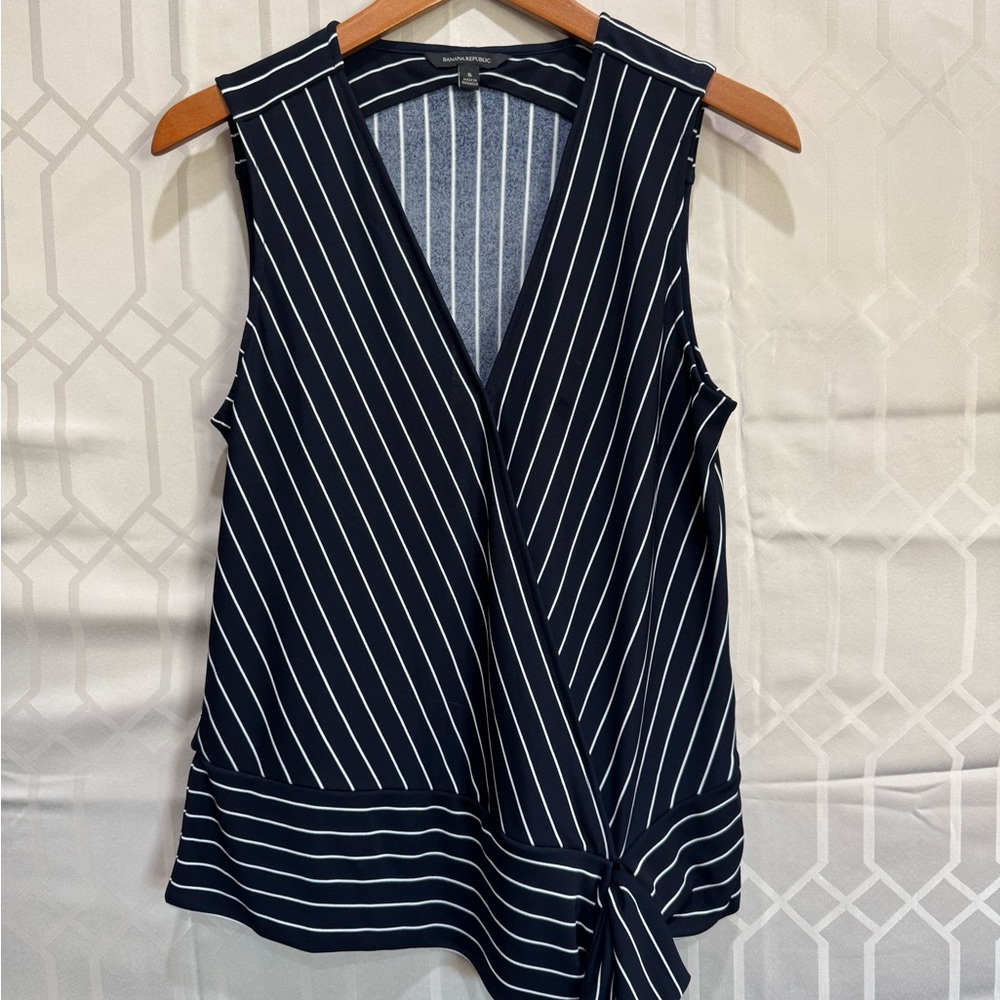 Banana Republic Navy and White Striped Wrap Blouse